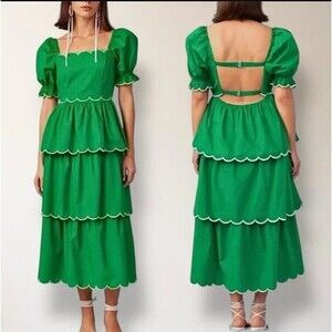NWT English Factory x Anthropologie Green Scallop Tiered Dress Puff Sleeve Small